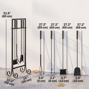 Fireplace Tools Set 5 Pieces Metal Fire Place Kit, Outdoor Indoor Fireside Accessories with Brush, Shovel, Poker, A Pair of Tongs, Stand, Black