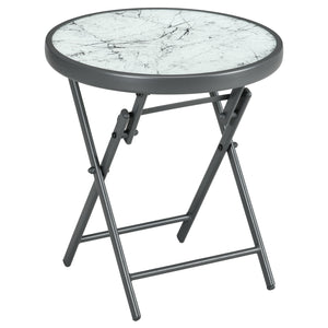 18" Outdoor Round Folding Table, Garden Side Table with Metal Frame and Tempered Glass Top for Patio, Picnic, Party, Wedding, White