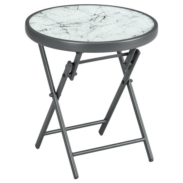 18" Outdoor Round Folding Table, Garden Side Table with Metal Frame and Tempered Glass Top for Patio, Picnic, Party, Wedding, White