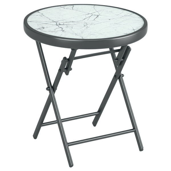 18" Outdoor Round Folding Table, Garden Side Table with Metal Frame and Tempered Glass Top for Patio, Picnic, Party, Wedding, White