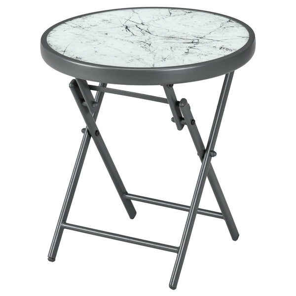 18" Outdoor Round Folding Table, Garden Side Table with Metal Frame and Tempered Glass Top for Patio, Picnic, Party, Wedding, White