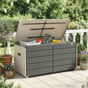 757 L Garden Storage Box, HDPE Deck Box with Wheels, Lockable Lid, Pneumatic Gas Rods and Side Handles, Outdoor Patio Storage Container for Garden Tools, Beige and Grey