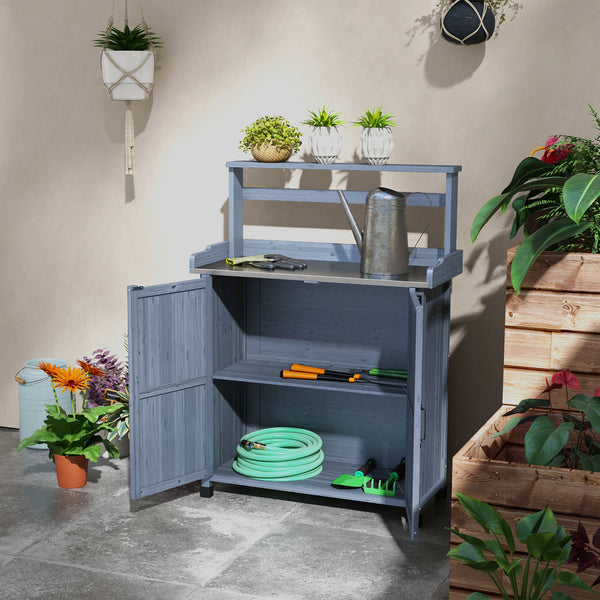 Outsunny Potting Bench, Outdoor Wooden Potting Table with Storage Cabinet with 2 Shelves, Garden Work Bench with Galvanized Plated Tabletop for Backyard, Balcony, Gray