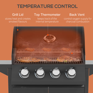 4 Burner Gas BBQ, Outdoor Grill, Portable Barbecue Trolley with Warming Rack, Side Shelves, Storage Cabinet, Thermometer, Carbon Steel, Black