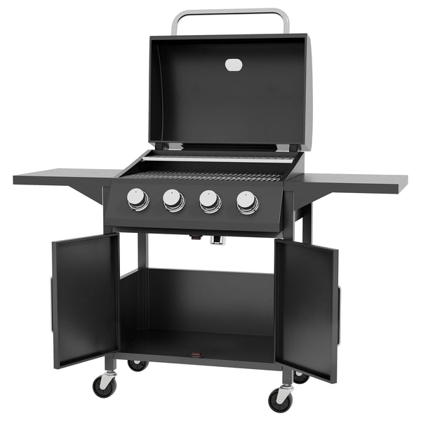 4 Burner Gas BBQ, Outdoor Grill, Portable Barbecue Trolley with Warming Rack, Side Shelves, Storage Cabinet, Thermometer, Carbon Steel, Black