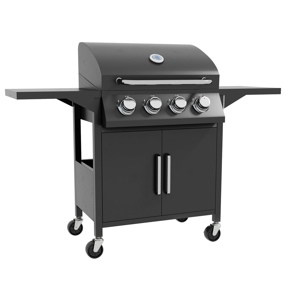4 Burner Gas BBQ, Outdoor Grill, Portable Barbecue Trolley with Warming Rack, Side Shelves, Storage Cabinet, Thermometer, Carbon Steel, Black