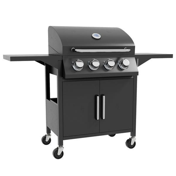 4 Burner Gas BBQ, Outdoor Grill, Portable Barbecue Trolley with Warming Rack, Side Shelves, Storage Cabinet, Thermometer, Carbon Steel, Black