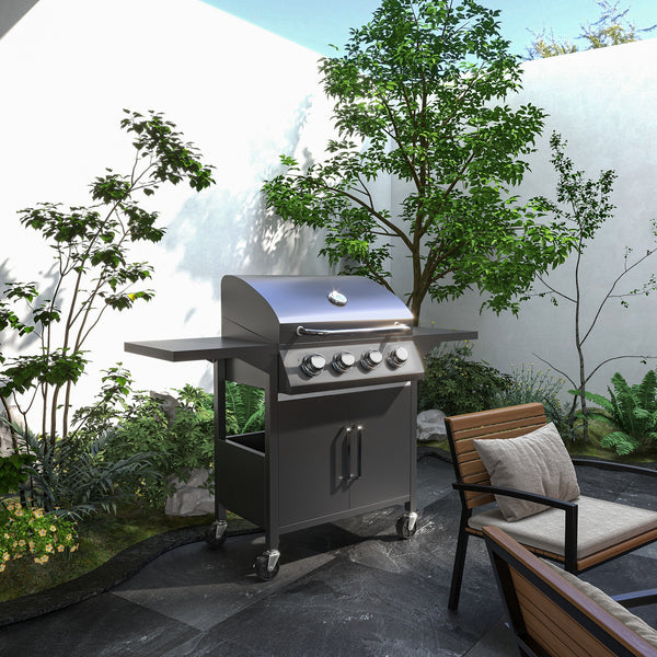4 Burner Gas BBQ, Outdoor Grill, Portable Barbecue Trolley with Warming Rack, Side Shelves, Storage Cabinet, Thermometer, Carbon Steel, Black