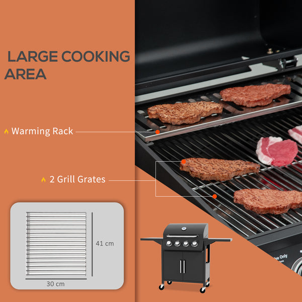 4 Burner Gas BBQ, Outdoor Grill, Portable Barbecue Trolley with Warming Rack, Side Shelves, Storage Cabinet, Thermometer, Carbon Steel, Black