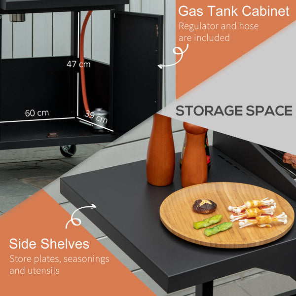 4 Burner Gas BBQ, Outdoor Grill, Portable Barbecue Trolley with Warming Rack, Side Shelves, Storage Cabinet, Thermometer, Carbon Steel, Black