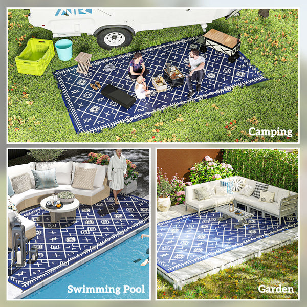 Outsunny Reversible Outdoor Rug, 9' x 18' Waterproof Plastic Straw Floor Mat, Portable RV Camping Carpet, Large Floor Mat for Backyard, Deck, Picnic, Beach, Blue & White Rhombus