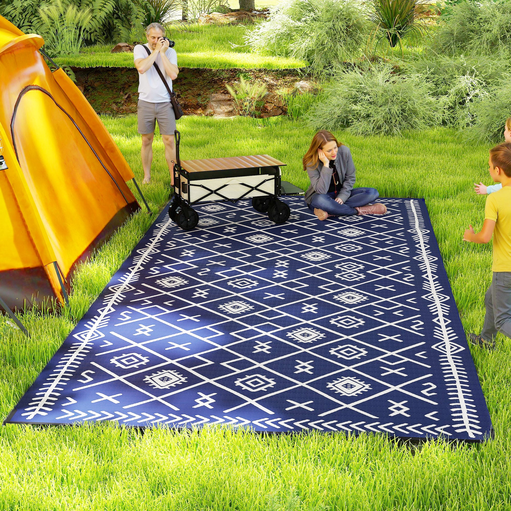 floor mat tent Outsunny Reversible Outdoor Rug, Waterproof Plastic Straw with Carry Bag, 9' x 18', Blue & White Rhombus