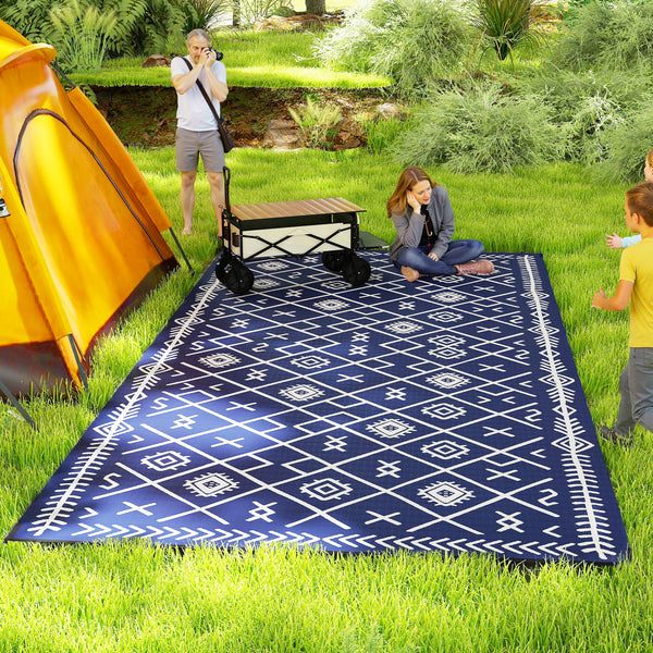 Outsunny Reversible Outdoor Rug, 9' x 18' Waterproof Plastic Straw Floor Mat, Portable RV Camping Carpet, Large Floor Mat for Backyard, Deck, Picnic, Beach, Blue & White Rhombus