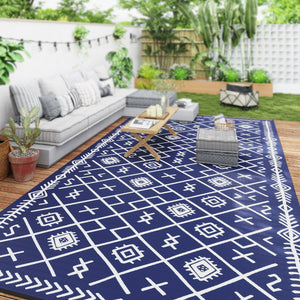 Outsunny Reversible Outdoor Rug, 9' x 18' Waterproof Plastic Straw Floor Mat, Portable RV Camping Carpet, Large Floor Mat for Backyard, Deck, Picnic, Beach, Blue & White Rhombus