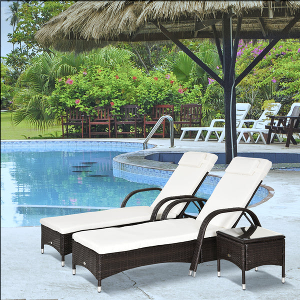 Outsunny Wicker Outdoor Chaise Lounge Set of 2, 5-Level Adjustable Backrest PE Rattan Pool Lounge Chair with Wheels, Cushion & Headrest, Brown and Cream White