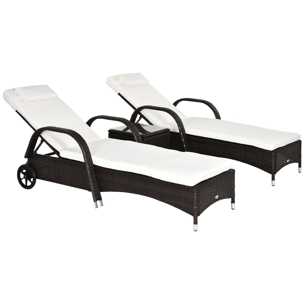 3 Pieces Wicker Patio Lounger Set with Table, PE Rattan Outdoor Lounge Chair Set with Cushions, Wheels, 5-Level Reclining Backrest, Headrest, Brown/Cream