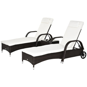 Outsunny Wicker Outdoor Chaise Lounge Set of 2, 5-Level Adjustable Backrest PE Rattan Pool Lounge Chair with Wheels, Cushion & Headrest, Brown and Cream White