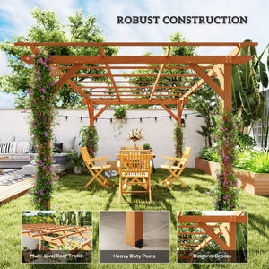 10' x 13' Outdoor Pergola, Wood Gazebo Grape Trellis with Stable Structure and Concrete Anchors for Climbing Plant Support, Garden, Patio, Backyard, Deck, Dark Brown