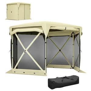 Pop Up Gazebo Screen Tent House, 11 x 11ft with UPF30+ Removable Roof Cover, 4 Roll-up Wind Panels and Carry Bag for Camping, Patio, Backyard, Lawn, Beige