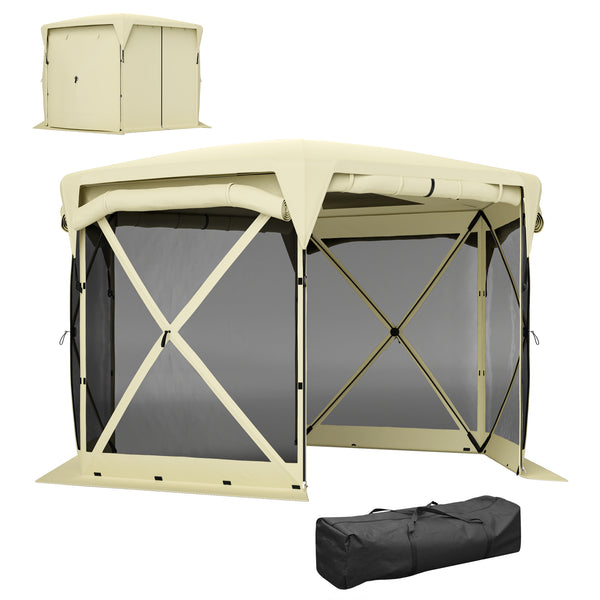 Pop Up Gazebo Screen Tent House, 11 x 11ft with UPF30+ Removable Roof Cover, 4 Roll-up Wind Panels and Carry Bag for Camping, Patio, Backyard, Lawn, Beige