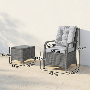 3 Pieces Rattan Bistro Set, Wicker Garden Furniture Set with Metal Frame, Cover, Glass Top Coffee Table, Chairs and Cushions for Outdoor, Patio, Balcony, Light Grey