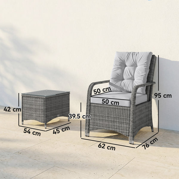 3 Pieces Rattan Bistro Set, Wicker Garden Furniture Set with Metal Frame, Cover, Glass Top Coffee Table, Chairs and Cushions for Outdoor, Patio, Balcony, Light Grey