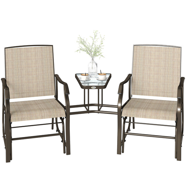 Double Patio Glider Chair with Glass Top Center Table, Outdoor Glider Loveseat with High Back,  All Weather Breathable Mesh Fabric for Garden, Backyard, Deck, Light Brown