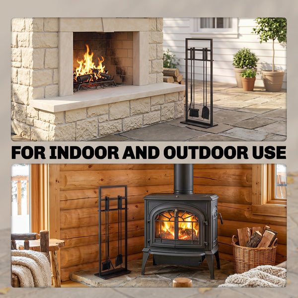 Fireplace Tools Set 5 Pieces Metal Fire Place Kit, Outdoor Indoor Fireside Accessories with Brush, Shovel, Poker, A Pair of Tongs, Stand, Black