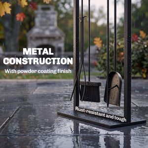 Fireplace Tools Set 5 Pieces Metal Fire Place Kit, Outdoor Indoor Fireside Accessories with Brush, Shovel, Poker, A Pair of Tongs, Stand, Black
