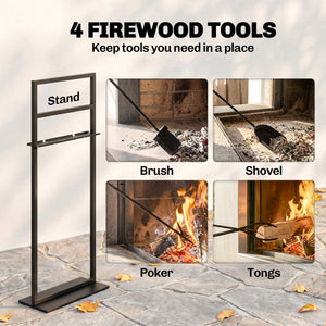 Fireplace Tools Set 5 Pieces Metal Fire Place Kit, Outdoor Indoor Fireside Accessories with Brush, Shovel, Poker, A Pair of Tongs, Stand, Black