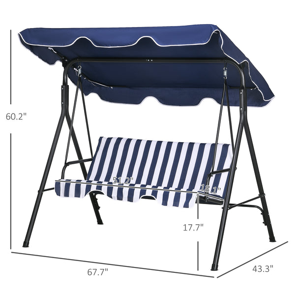 Outsunny 3-Seat Outdoor Patio Swing Chair with Removable Cushion, Steel Frame Stand and Adjustable Tilt Canopy for Patio, Garden, Poolside, Balcony, Backyard, Dark Blue