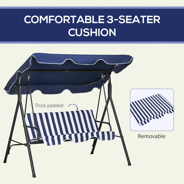 Outsunny 3-Seat Outdoor Patio Swing Chair with Removable Cushion, Steel Frame Stand and Adjustable Tilt Canopy for Patio, Garden, Poolside, Balcony, Backyard, Dark Blue