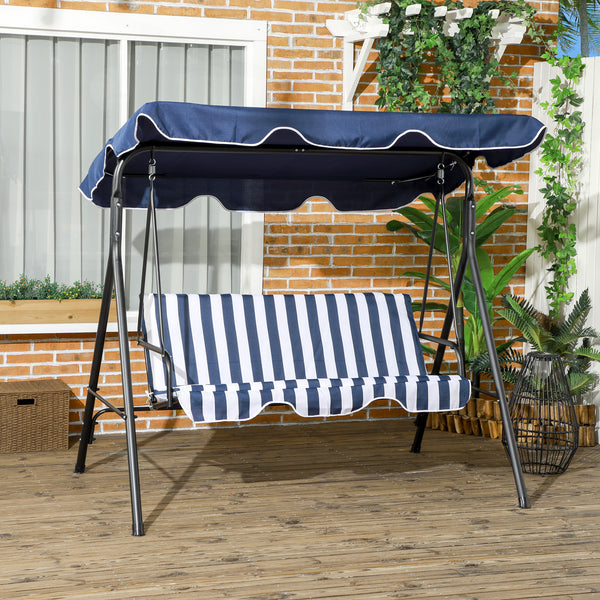 Outsunny 3-Seat Outdoor Patio Swing Chair with Removable Cushion, Steel Frame Stand and Adjustable Tilt Canopy for Patio, Garden, Poolside, Balcony, Backyard, Dark Blue