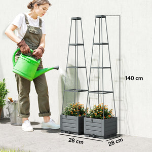 2 Pack Raised Garden Bed with Trellis, Plastic Outdoor Planter Box with Removable Drainage Tray, Tomato Cage for Climbing Plants, Vegetables, Flowers, 28 x 28 x 140 cm