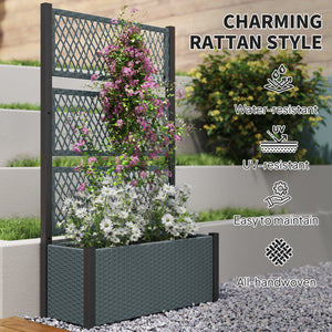 Wicker Outdoor Planter with Trellis, 58" Standing Raised Garden Bed with Liner, Drainage Holes, Privacy Screen Planter Box for Climbing Plants, Flowers, Dark Grey