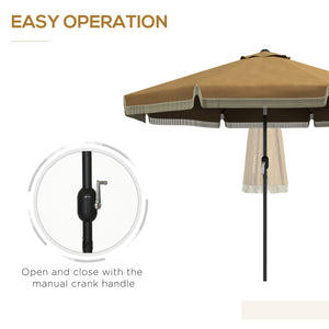 Outsunny 9ft Patio Umbrella with Push Button Tilt and Crank, Ruffled Outdoor Market Table Umbrella with Tassles and 8 Ribs, for Garden, Deck, Pool, Tan