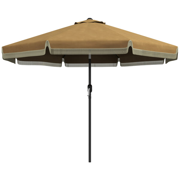 Outsunny 9ft Patio Umbrella with Push Button Tilt and Crank, Ruffled Outdoor Market Table Umbrella with Tassles and 8 Ribs, for Garden, Deck, Pool, Tan