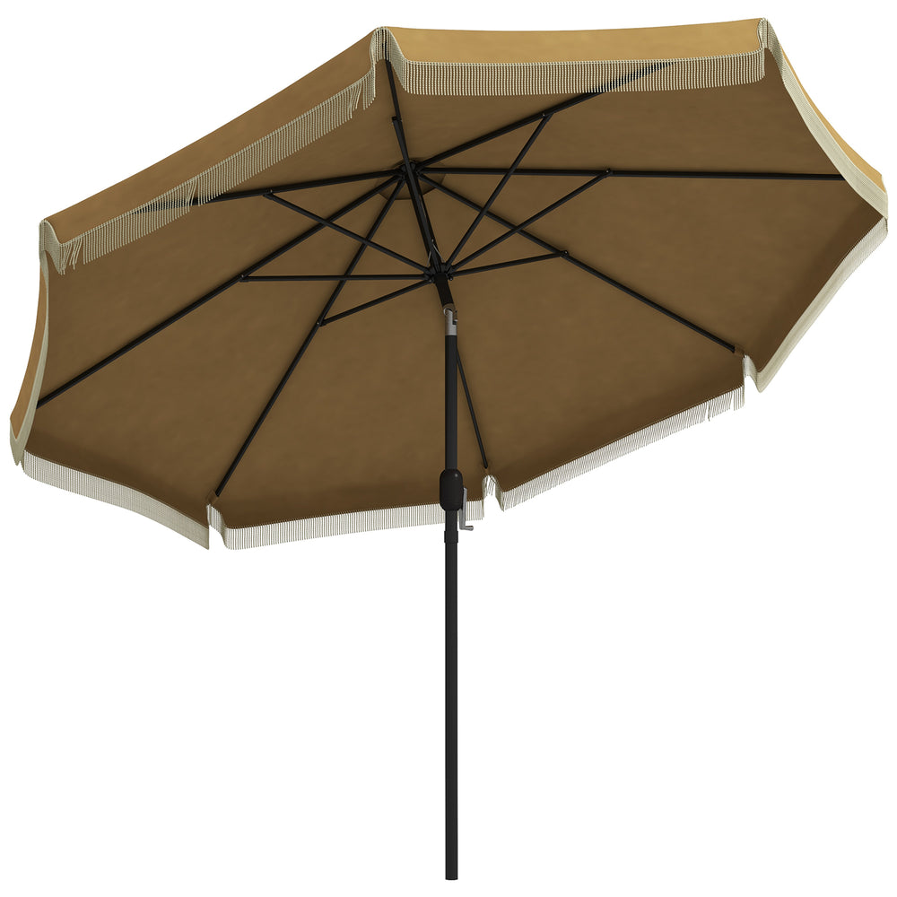 Outsunny 9ft Patio Umbrella with Push Button Tilt and Crank, Ruffled Outdoor Market Table Umbrella with Tassles and 8 Ribs, for Garden, Deck, Pool, Tan