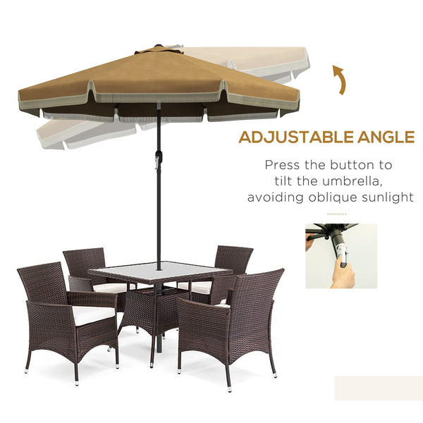 Outsunny 9ft Patio Umbrella with Push Button Tilt and Crank, Ruffled Outdoor Market Table Umbrella with Tassles and 8 Ribs, for Garden, Deck, Pool, Tan