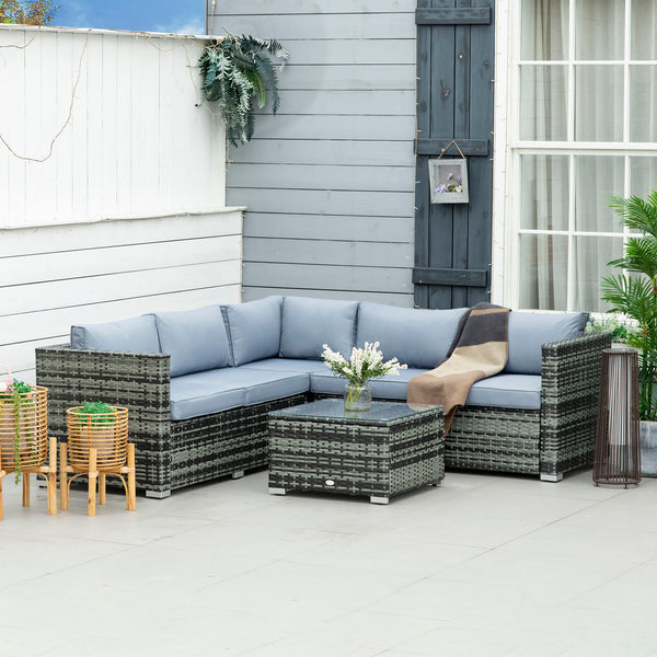 4 Pieces Rattan Garden Furniture Set, Wicker Outdoor Furniture Set with Corner Sofa Loveseat Coffee Table Cushions, Conservatory Furniture Set for Patio Balcony Poolside, Grey