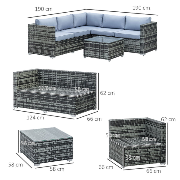 4 Pieces Rattan Garden Furniture Set, Wicker Outdoor Furniture Set with Corner Sofa Loveseat Coffee Table Cushions, Conservatory Furniture Set for Patio Balcony Poolside, Grey