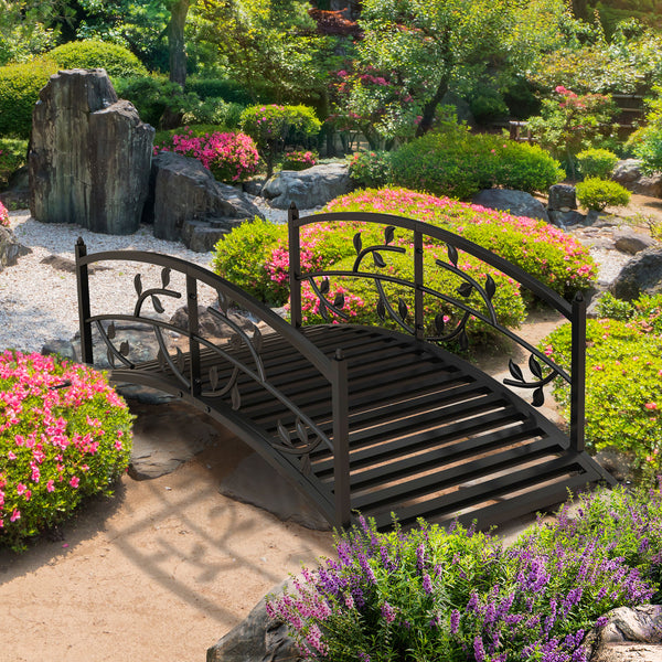 1.2M Metal Garden Bridge with Safety Railings, Classic Retro Arc Footbridge with Vine Pattern, Small Decorative Pond Bridge for Creeks Streams Borders, Black
