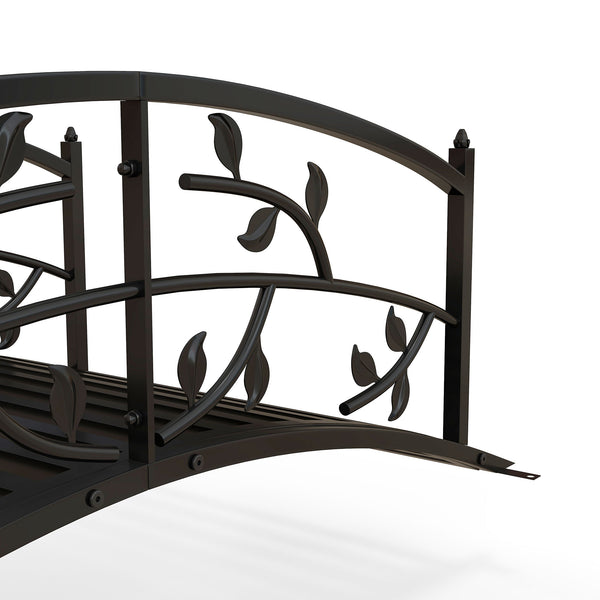 1.2M Metal Garden Bridge with Safety Railings, Classic Retro Arc Footbridge with Vine Pattern, Small Decorative Pond Bridge for Creeks Streams Borders, Black