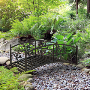 1.2M Metal Garden Bridge with Safety Railings, Classic Retro Arc Footbridge with Vine Pattern, Small Decorative Pond Bridge for Creeks Streams Borders, Black