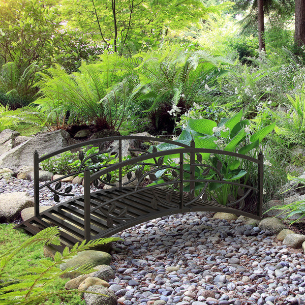 1.2M Metal Garden Bridge with Safety Railings, Classic Retro Arc Footbridge with Vine Pattern, Small Decorative Pond Bridge for Creeks Streams Borders, Black