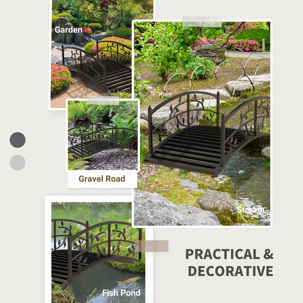 1.2M Metal Garden Bridge with Safety Railings, Classic Retro Arc Footbridge with Vine Pattern, Small Decorative Pond Bridge for Creeks Streams Borders, Black
