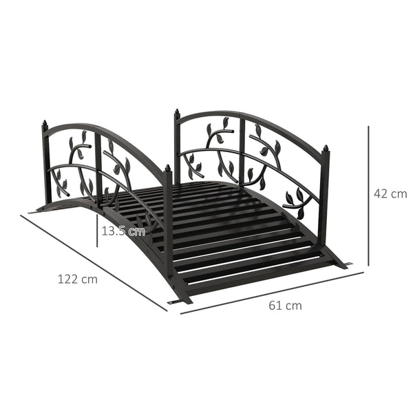 1.2M Metal Garden Bridge with Safety Railings, Classic Retro Arc Footbridge with Vine Pattern, Small Decorative Pond Bridge for Creeks Streams Borders, Black