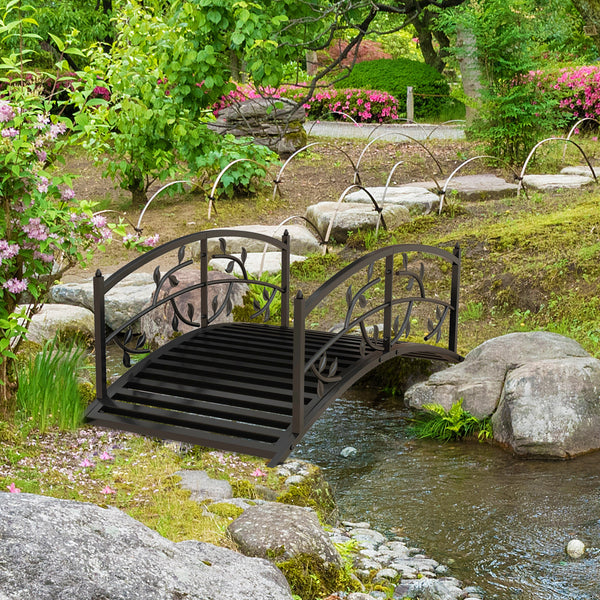 1.2M Metal Garden Bridge with Safety Railings, Classic Retro Arc Footbridge with Vine Pattern, Small Decorative Pond Bridge for Creeks Streams Borders, Black