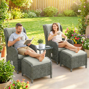 5 Piece Garden Furniture Set, Rattan Reclining Garden Chair Set of 2 with Glass-Top Coffee Table, Footstool and Thickness Cushion for Balcony, Patio, Cream White