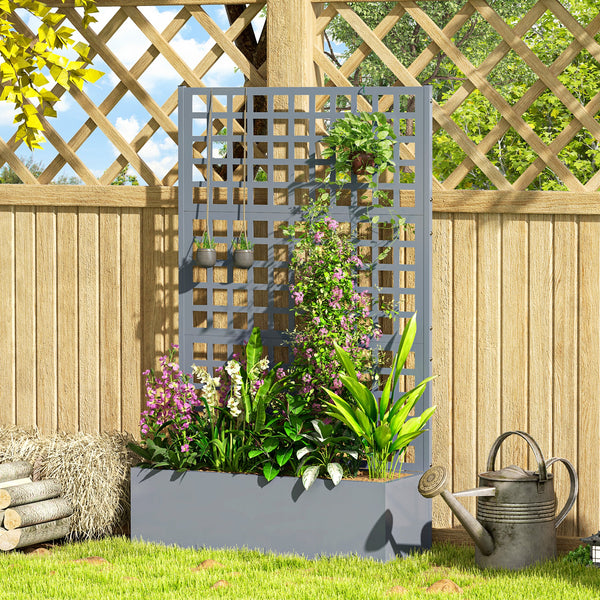 Galvanized Raised Garden Bed with Trellis, 43"x16"x70" Metal Planter Box with Drainage Holes, Outdoor Privacy Screen for Climbing Plant Vegetable Vine, Grey Wood Effect